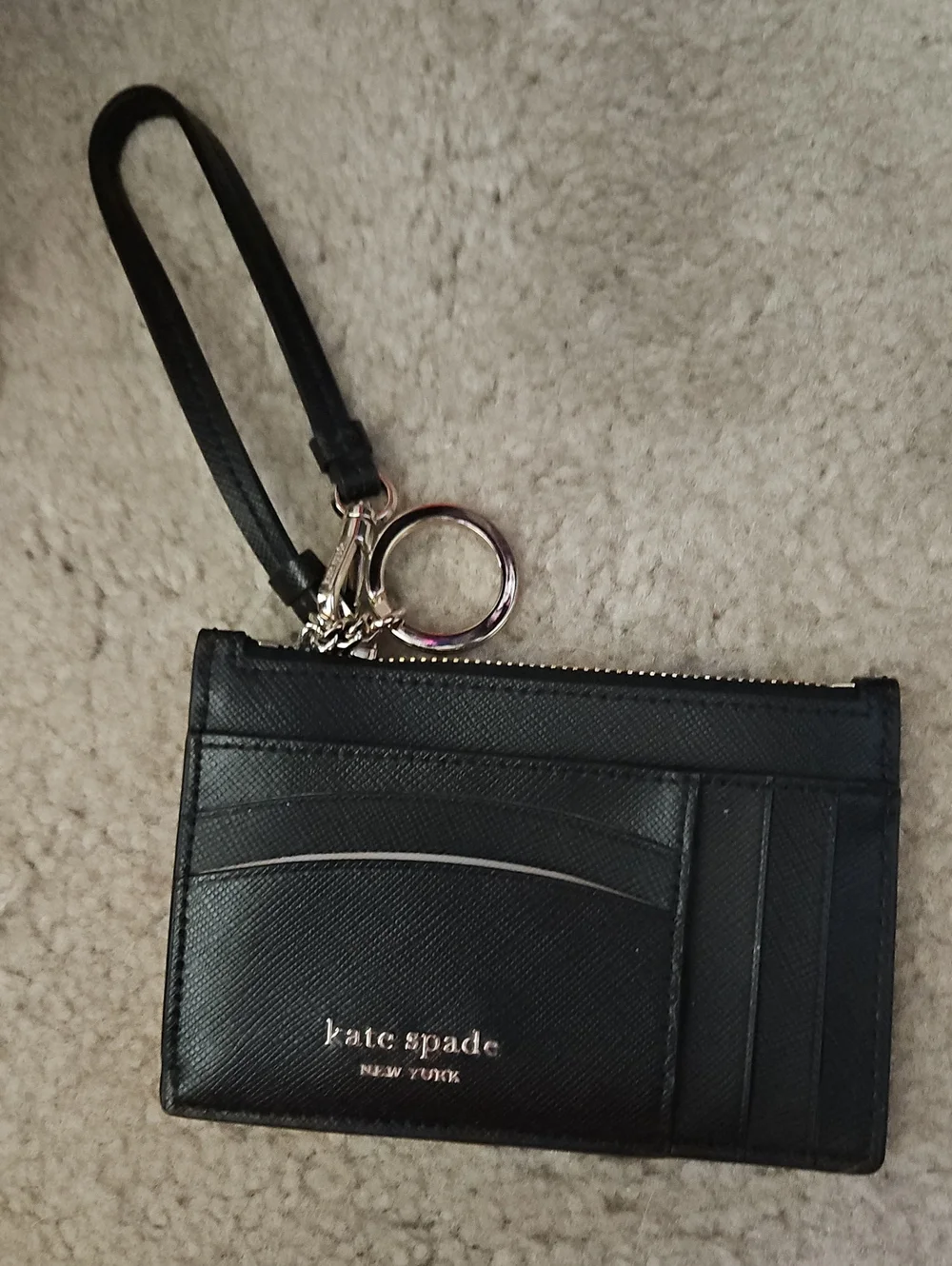kate spade black leather wristlet cardholder with gold logo